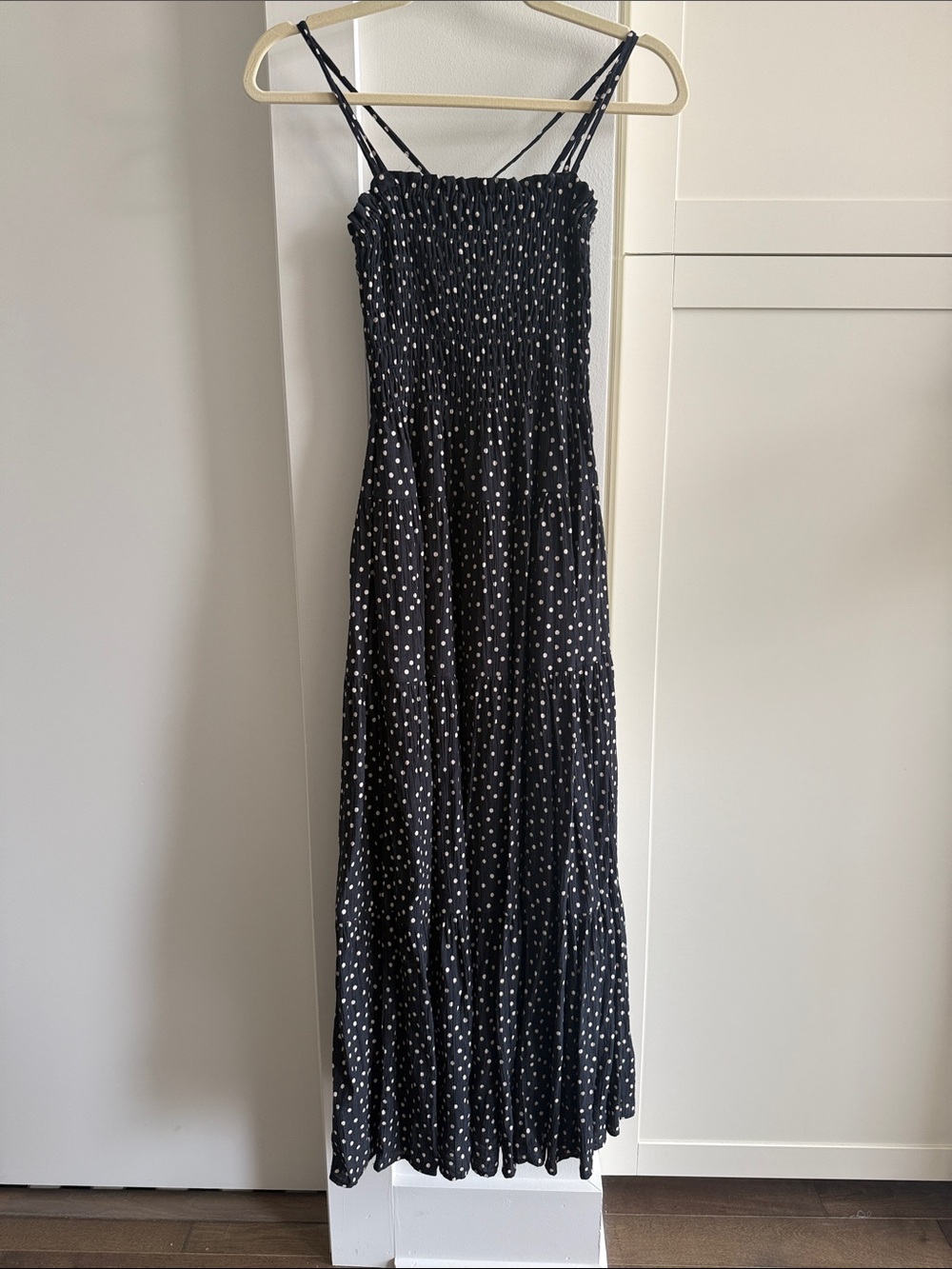 Abercrombie & Fitch Black and White Polka Dot Smocked Maxi Dress